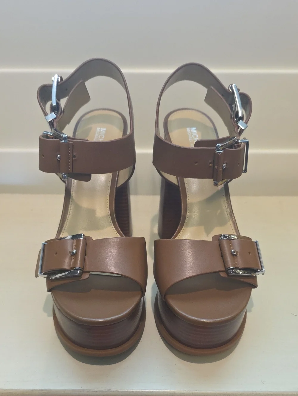 New Michael Kors Tan Brown Leather Platform Buckle Sandals